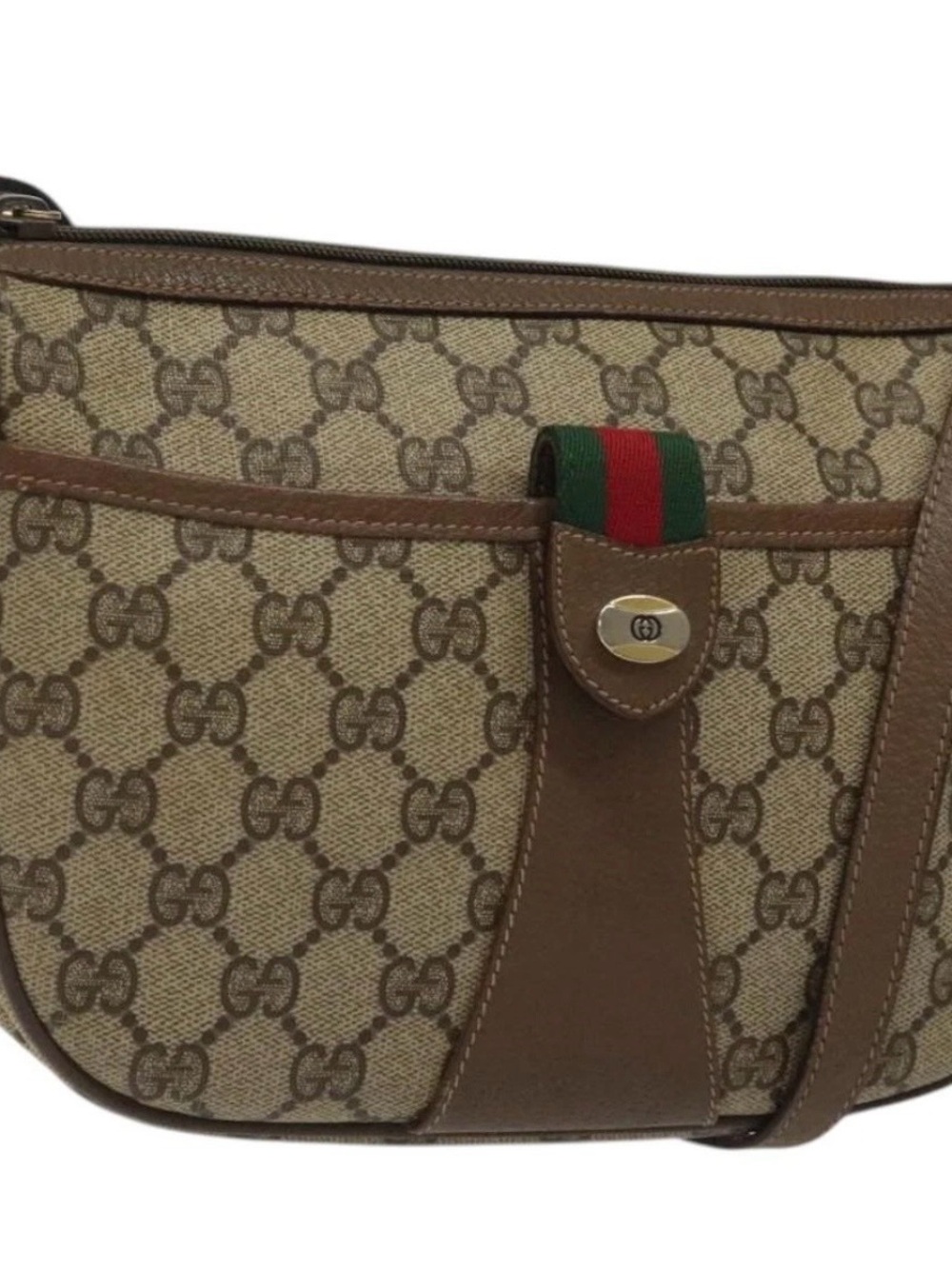 Gucci Beige GG Canvas Shoulder Bag with Brown Leather and Green-Red Web